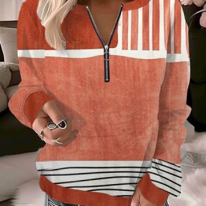Women's Crew Neck Striped Casual Spring/Fall Long Sleeve Sweatshirt, JustFashionNow Sweatshirts & Hoodies, color:Orange|size:XXL,