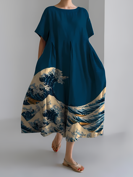 Women's Japanese Art Floral Print Vintage Round Neck Pleated Maxi Dress, Dresses, Lilicloth.com - Image 4