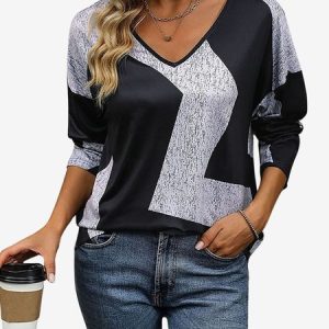 Women's Long Sleeve Tee T-shirt Spring/Fall Colorblock Jersey V Neck Daily Going Out Casual Top, JustFashionNow T-Shirts, color:Black|size:XXL,
