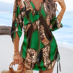 Leopard Colorblock V-Neck Roll Up Sleeve Hollow-out Drawstring Mini Dress Cover-ups, women Casual Dresses, ChicMe catalog