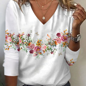 Women's Floral Long Sleeve Tee T-shirt V Neck Printing Casual Spring/Fall Graphic Tee Top, JustFashionNow T-Shirts, color:White|size:XXL