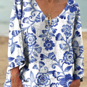 Women's Vintage Floral Art Print Casual V-neck Long Sleeve Comfortable Cotton T-shirt, Long sleeves, Lilicloth.com