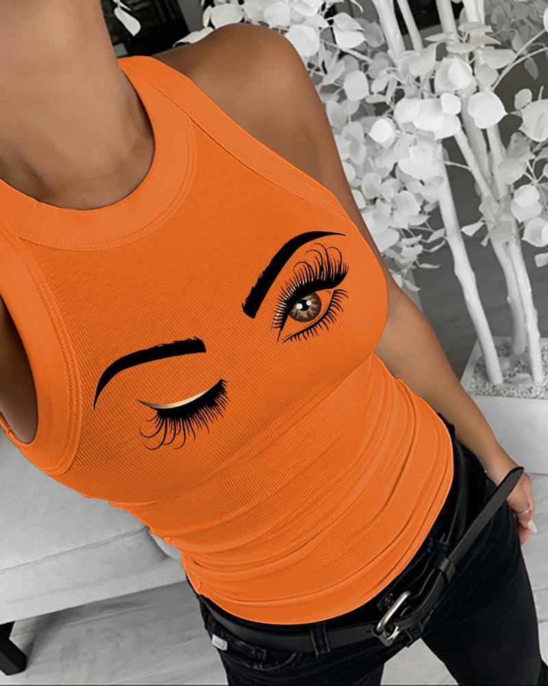 Eyelash Print O-neck Sleeveless Tank Slim Fit Ribbed Tank Top, women Tanks & Crop Tops, ChicMe catalog
