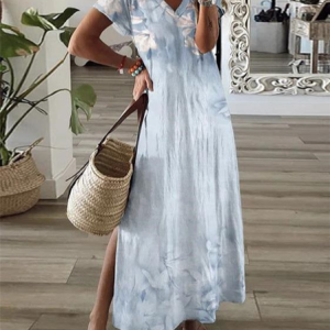 Women's Floral Short Sleeve Summer Printing Dress V Neck Daily Casual Maxi X-Line Dress, JustFashionNow Casual Dresses, color:As Picture|size:3XL,