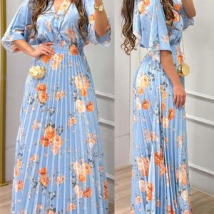 Floral print V Neck Bell Sleeve Waist Pleated Maxi Dress Casual Shirred Flowy A Line Dress, women Print Dresses, ChicMe catalog