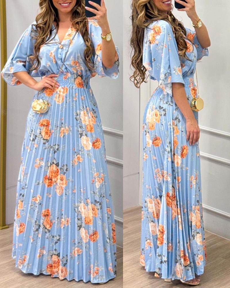 Floral print V Neck Bell Sleeve Waist Pleated Maxi Dress Casual Shirred Flowy A Line Dress, women Print Dresses, ChicMe catalog