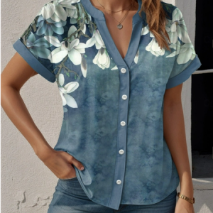 Women's Short Sleeve Shirt Summer Floral Printing V Neck Daily Going Out Casual Top, JustFashionNow Shirts, color:As Picture|size:4XL,