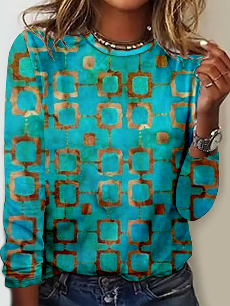 Print Casual Crew Neck Long Sleeve T-Shirt, Long sleeves, Lilicloth.com