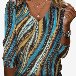 Women's Long Sleeve Tee T-shirt Spring/Fall Abstract Jersey V Neck Daily Going Out Casual Top, JustFashionNow T-Shirts, color:Blue|size:XXL,