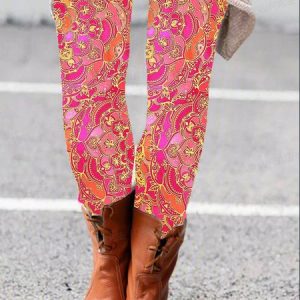 Women's Casual Ethnic Jersey All Season Long Leggings, JustFashionNow Leggings, color:Rose Red|size:XXL,