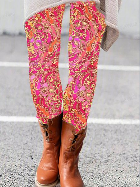 Women's Casual Ethnic Jersey All Season Long Leggings, JustFashionNow Leggings, color:Rose Red|size:XXL,