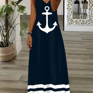 Women Anchor Sleeveless Summer Printing Dress V Neck Daily Casual Maxi Slip Dress X-Line Dress, JustFashionNow Casual Dresses, color:Purplish Blue|size:5XL,