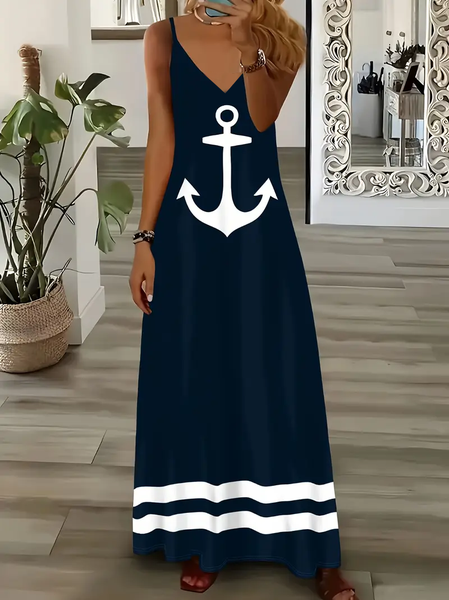 Women Anchor Sleeveless Summer Printing Dress V Neck Daily Casual Maxi Slip Dress X-Line Dress, JustFashionNow Casual Dresses, color:Purplish Blue|size:5XL,