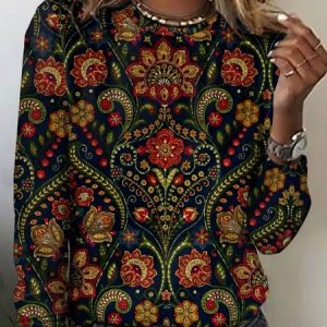 Women's Plaid Long Sleeve Tee T-shirt Crew Neck Vintage Spring/Fall Top, JustFashionNow T-Shirts, color:Dark Blue|size:5XL,