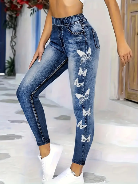 Women's Denim Print Graphic Casual All Season Printing Long Leggings, JustFashionNow Leggings, color:As Picture|size:XXL,
