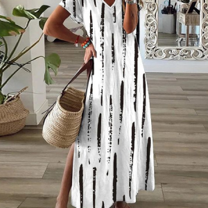 Women's Striped Short Sleeve Summer Printing Dress V Neck Daily Casual Maxi X-Line Dress, JustFashionNow Casual Dresses, color:White|size:3XL,