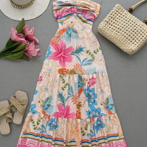 Floral Print Halter Lace-up Vacation Dress Casual Flowy A Line Maxi Dress, women Print Dresses, ChicMe catalog