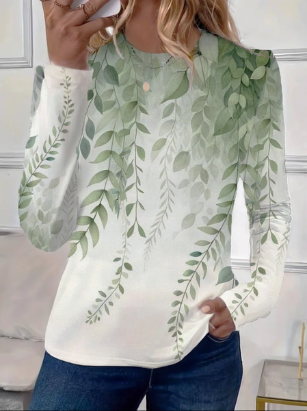 Women's Floral Long Sleeve Tee T-shirt Crew Neck Printing Casual Spring/Fall Top, JustFashionNow T-Shirts, color:Green|size:XXL,