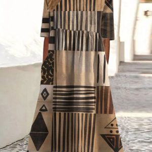 Women Geometric Crew Neck Short Sleeve Comfy Casual Maxi Dress, Maxi, color:Brown|size:3XL, catalog Noracora shop