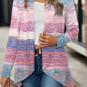 Women's Spring/Fall Cover-up Casual Abstract Stripes Lightweight Cardigan, JustFashionNow Jackets, color:Multicolor|size:XXL,