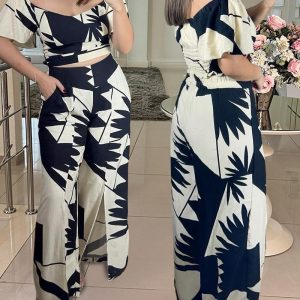 2 Pieces Outfit Floral Print Ruffles Shirred Top and Casual Wide Leg Slit Pants Set, women Two-piece Sets, ChicMe catalog