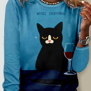 Funny Cat Casual Crew Neck Long Sleeve Shirt, Long sleeves, Lilicloth.com