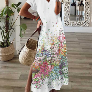 Women Plain Short Sleeve Summer Dress V Neck Daily Casual Maxi X-Line Dress, JustFashionNow Casual Dresses, color:White|size:3XL,