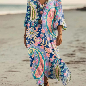 Women Paisley V Neck Long Sleeve Casual Vintage Maxi Dress, Dresses, color:As Picture|size:3XL, catalog Noracora shop