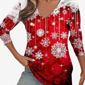 Women's Long Sleeve Tee T-shirt Spring/Fall Snowflake Jersey V Neck Daily Going Out Casual Top, JustFashionNow T-Shirts, color:Red|size:XXL,