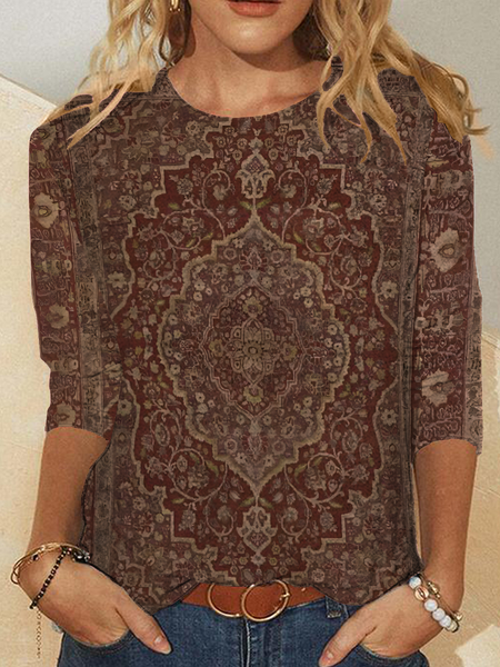 Women's Retro Ethnic Pattern Prints Casual Long Sleeve Shirt, T-shirts, Lilicloth.com - Image 2