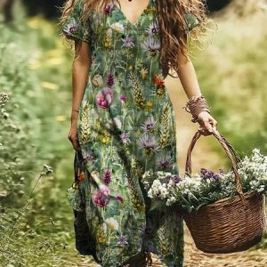 Women Floral V Neck Short Sleeve Comfy Casual Maxi Dress, Maxi, color:Green|size:4XL, catalog Noracora shop