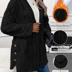 Argyle Textured Button Down Side Slit Long Sleeve Fleece Teddy Coat Hooded Jacket Warm Outwear, women Jackets & Coats, ChicMe catalog