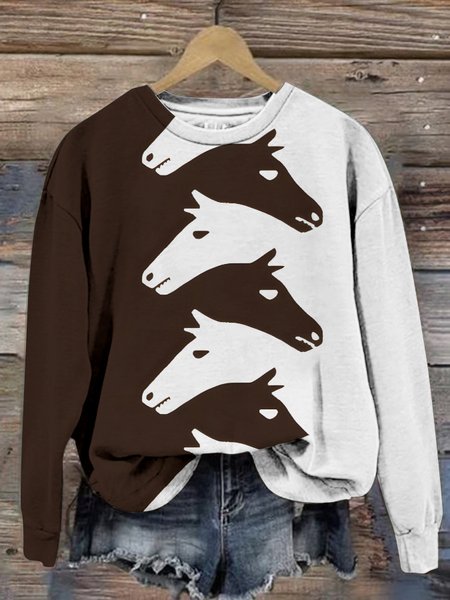 Women's Vintage Western Horse Print Crew Neck Sweatshirt, Hoodies&Sweatshirts, Lilicloth.com - Image 2