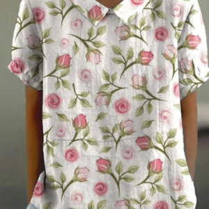 Shawl Collar Half Sleeve Floral Print Loose Blouse For Women, Blouses, color:As Picture|size:4XL, catalog Noracora shop