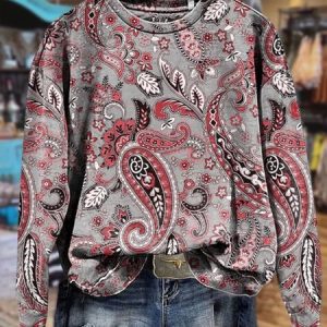 Women's Crew Neck Ethnic Casual Spring/Fall Long Sleeve Sweatshirt, JustFashionNow Sweatshirts & Hoodies, color:Wine Red|size:XXL,