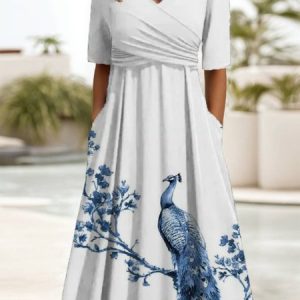 Women's Short Sleeve Summer Peacock Dress V Neck Holiday Going Out Casual Maxi A-Line, JustFashionNow Dresses, color:Blue|size:XXL,