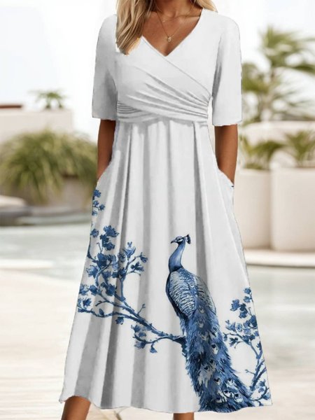 Women's Short Sleeve Summer Peacock Dress V Neck Holiday Going Out Casual Maxi A-Line, JustFashionNow Dresses, color:Blue|size:XXL,