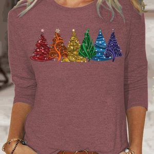 Women's Long Sleeve Tee T-shirt Spring/Fall Christmas Tree Jersey Crew Neck Daily Going Out Casual Top, JustFashionNow T-Shirts, color:Watermelon|size:XXL,
