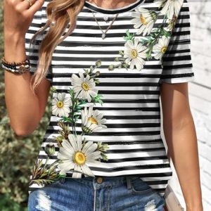 Women's Short Sleeve Tee T-shirt Summer Striped Crew Neck Casual Top, JustFashionNow T-Shirts, color:Black-white|size:XXL,