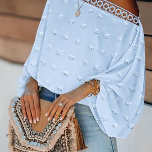 Jacquared Large Polka Dot Lace Trim Blouse Casual Batwing Sleeve Loose Fit Top, women Blouses & Shirts, ChicMe catalog