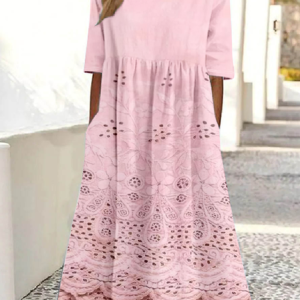 Women Gradient Pattern Crew Neck Half Sleeve Comfy Vintage Maxi Dress, Dresses, color:Pink|size:4XL, catalog Noracora shop