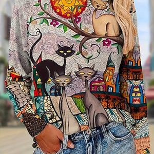 Casual Cat Crew Neck Long Sleeve T-shirt, T-shirts, color:Gray|size:XXL, catalog Noracora shop