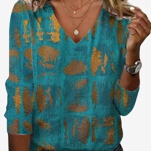 Women's Long Sleeve Tee T-shirt Spring/Fall Geometric Jersey V Neck Daily Going Out Casual Top, JustFashionNow T-Shirts, color:Lake Blue|size:XXL,