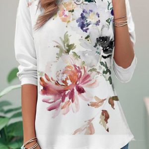 Women's Floral Long Sleeve Tee T-shirt Crew Neck Casual Spring/Fall Top, JustFashionNow T-Shirts, color:Multicolor|size:XXL,