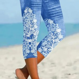 Women's Faux Denim Floral Spring Print Casual Fashion Leggings, Pants, Lilicloth.com
