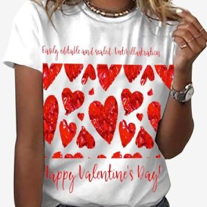 Women's Valentine's Day Heart Print Short Sleeve Crew Neck T-shirt, JustFashionNow T-Shirts, color:Red|size:XXL,