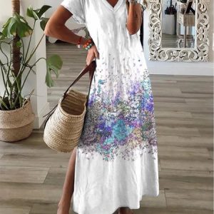 Women's Short Sleeve Summer Floral Dress V Neck Daily Going Out Casual H-Line Dress, JustFashionNow Dresses, color:Blue|size:XXL,