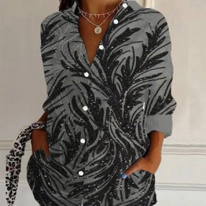 Women's Long Sleeve Floral Shirt Spring/Fall Leaf Shirt Collar Daily Going Out Casual Top, JustFashionNow Shirts, color:Black|size:XXL,