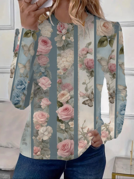 Women's Long Sleeve Tee T-shirt Spring/Fall Floral Printing Crew Neck Casual Graphic Tee Top, JustFashionNow T-Shirts, color:As Picture|size:3XL,