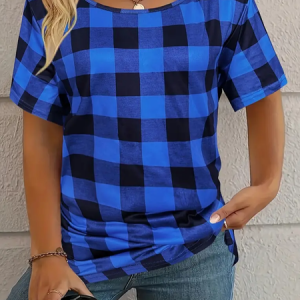 Women's Plaid Short Sleeve Tee T-shirt Crew Neck Printing Casual Summer Graphic Tee Top, JustFashionNow T-Shirts, color:Blue|size:XXL